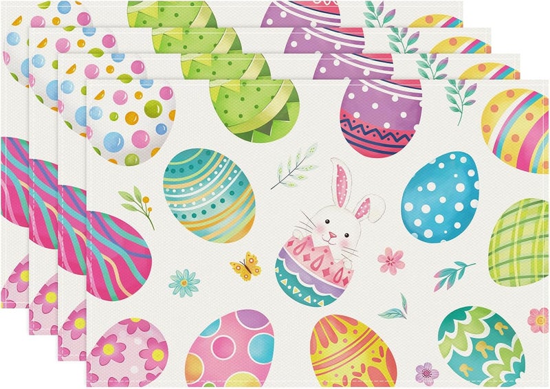 Bonhause Easter Eggs Placemats Set of 4 12x18 Inch Spring Bunny Floral Seasonal Kitchen Dinning Table Mats Washable Place Mats for Indoor Outdoor Home Party Decor - Image 1