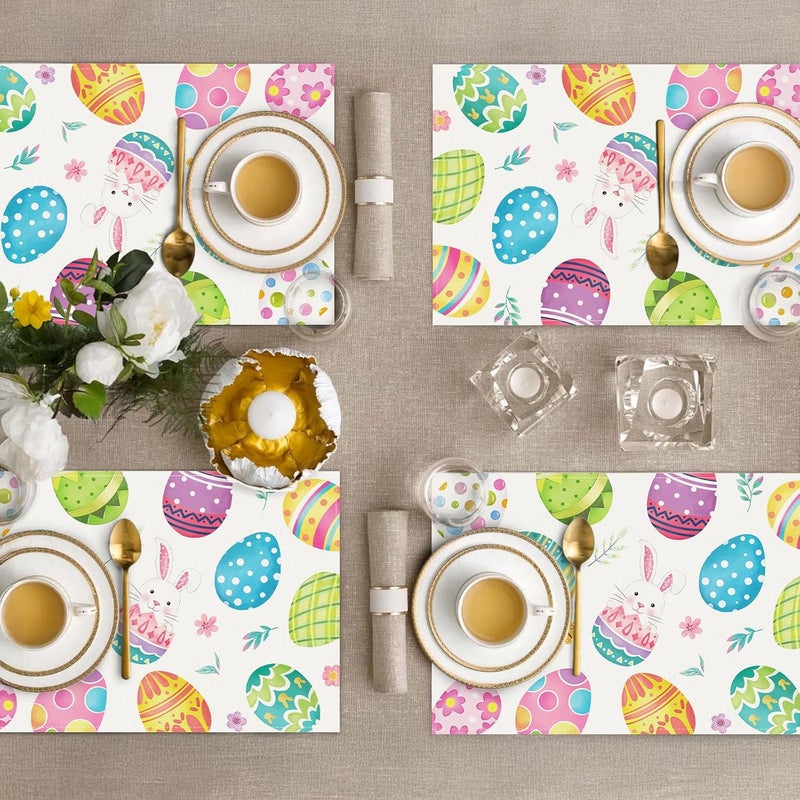 Bonhause Easter Eggs Placemats Set of 4 12x18 Inch Spring Bunny Floral Seasonal Kitchen Dinning Table Mats Washable Place Mats for Indoor Outdoor Home Party Decor - Image 4