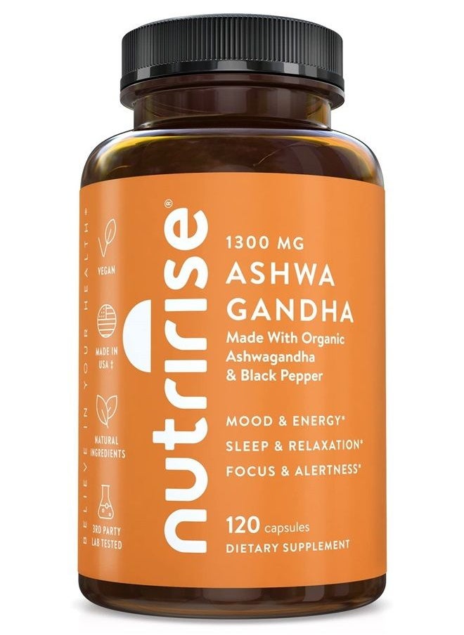 NUTRIRISE - Organic Ashwagandha Root Capsules with Black Pepper, 1300mg, Natural Stress & Mood, Thyroid, and Immune Support Supplement, Nootropic for Focus & Energy, Gluten Free, 120 Count - Image 1