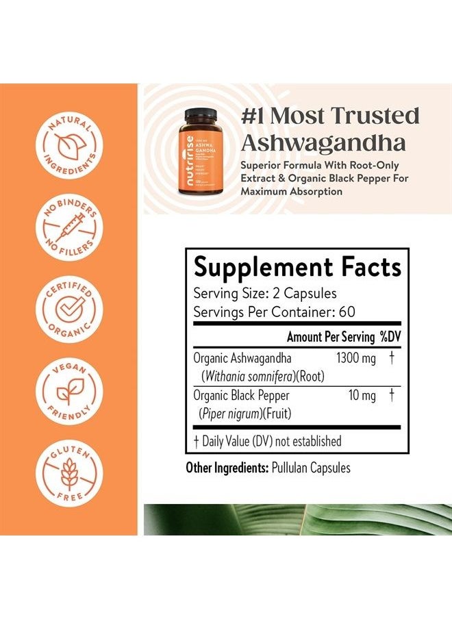 NUTRIRISE - Organic Ashwagandha Root Capsules with Black Pepper, 1300mg, Natural Stress & Mood, Thyroid, and Immune Support Supplement, Nootropic for Focus & Energy, Gluten Free, 120 Count - Image 1