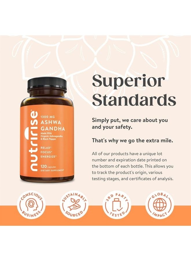 NUTRIRISE - Organic Ashwagandha Root Capsules with Black Pepper, 1300mg, Natural Stress & Mood, Thyroid, and Immune Support Supplement, Nootropic for Focus & Energy, Gluten Free, 120 Count - Image 1