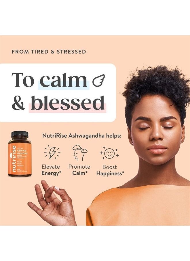 NUTRIRISE - Organic Ashwagandha Root Capsules with Black Pepper, 1300mg, Natural Stress & Mood, Thyroid, and Immune Support Supplement, Nootropic for Focus & Energy, Gluten Free, 120 Count - Image 1