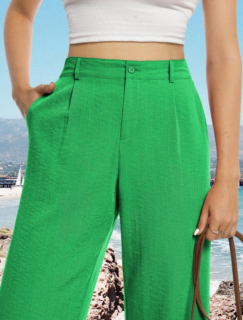 Feiersi Womens Casual Wide Leg Pants High Waisted Button Down Straight Long Trousers Palazzo Pants(Green,Large) - Image 2
