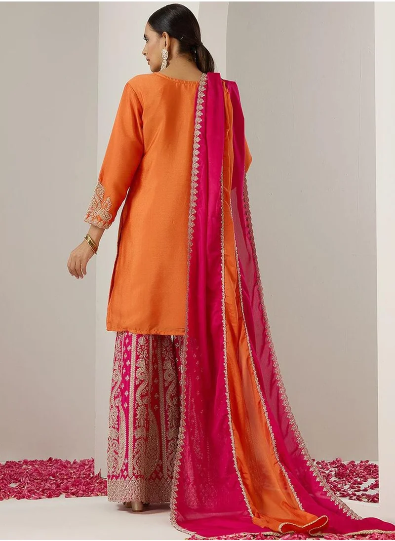 ISHIN Orange Ethnic Motifs Embroidered Chinon Straight Kurta With Sharara & Dupatta