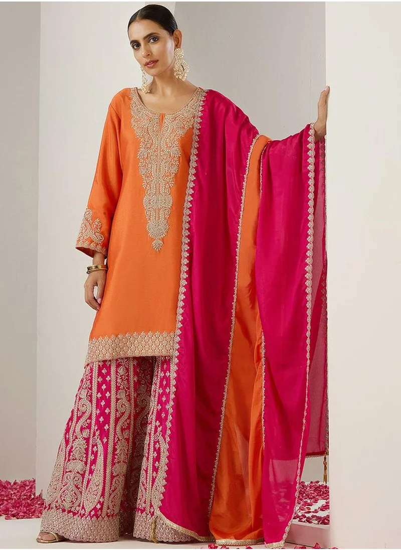 آي شين Orange Ethnic Motifs Embroidered Chinon Straight Kurta With Sharara & Dupatta