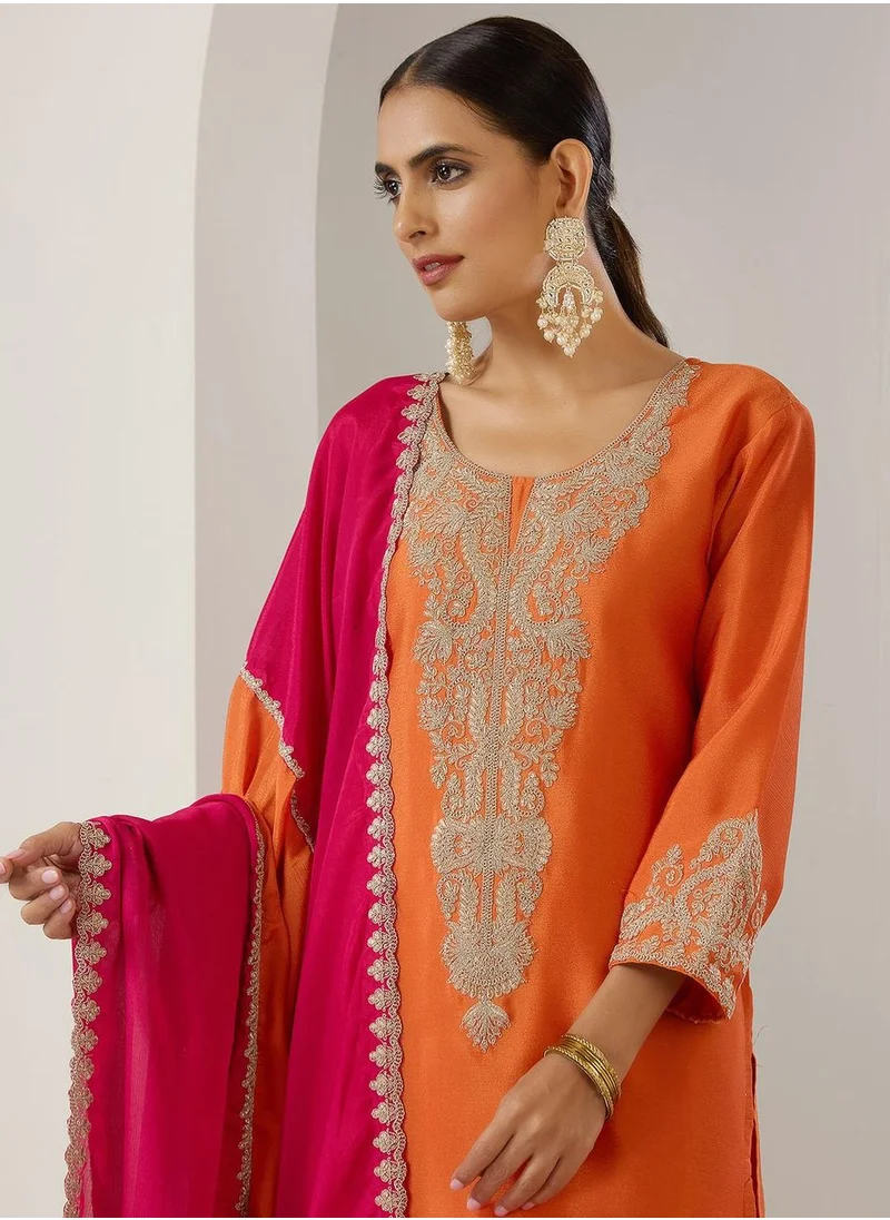 ISHIN Straight Fit Embroidered Pattern Round Neck Three-Quarter Sleeves Orange Colour Knitted Cotton Kurta Set for Women with Semi Elastic Closure - A Statement Piece for Every Look