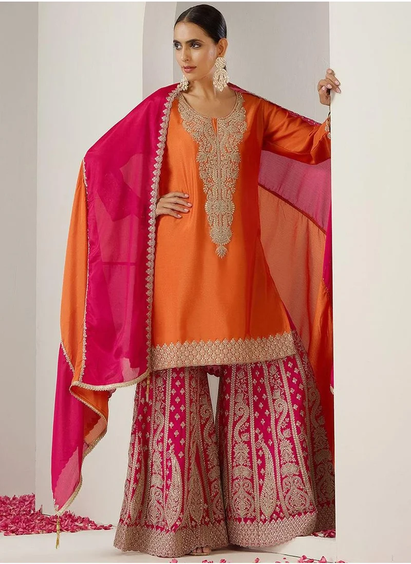 ISHIN Straight Fit Embroidered Pattern Round Neck Three-Quarter Sleeves Orange Colour Knitted Cotton Kurta Set for Women with Semi Elastic Closure - A Statement Piece for Every Look
