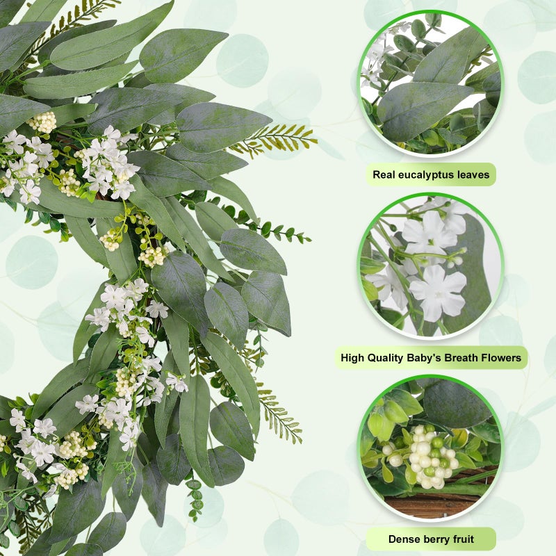 Lebaley 30 Inch Eucalyptus Wreaths for Front Door - Spring Summer Wreath,Green Door Wreath with Eucalyptus Olives Leaves,Mixed Berry,Artificial Wreaths Decor for Home Porch Wall Window Farmhouse Festival - Image 4
