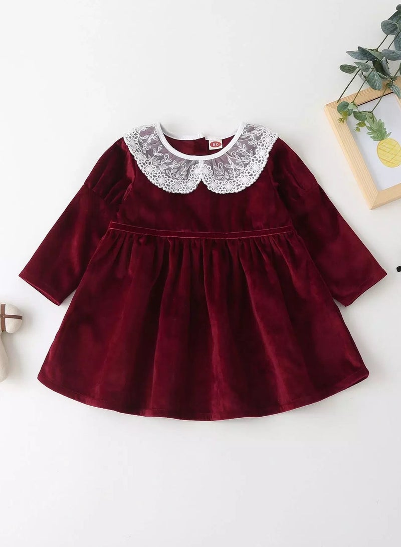 Baby Girl Contrast Lace Collar Velvet Smock Dress - Image 1