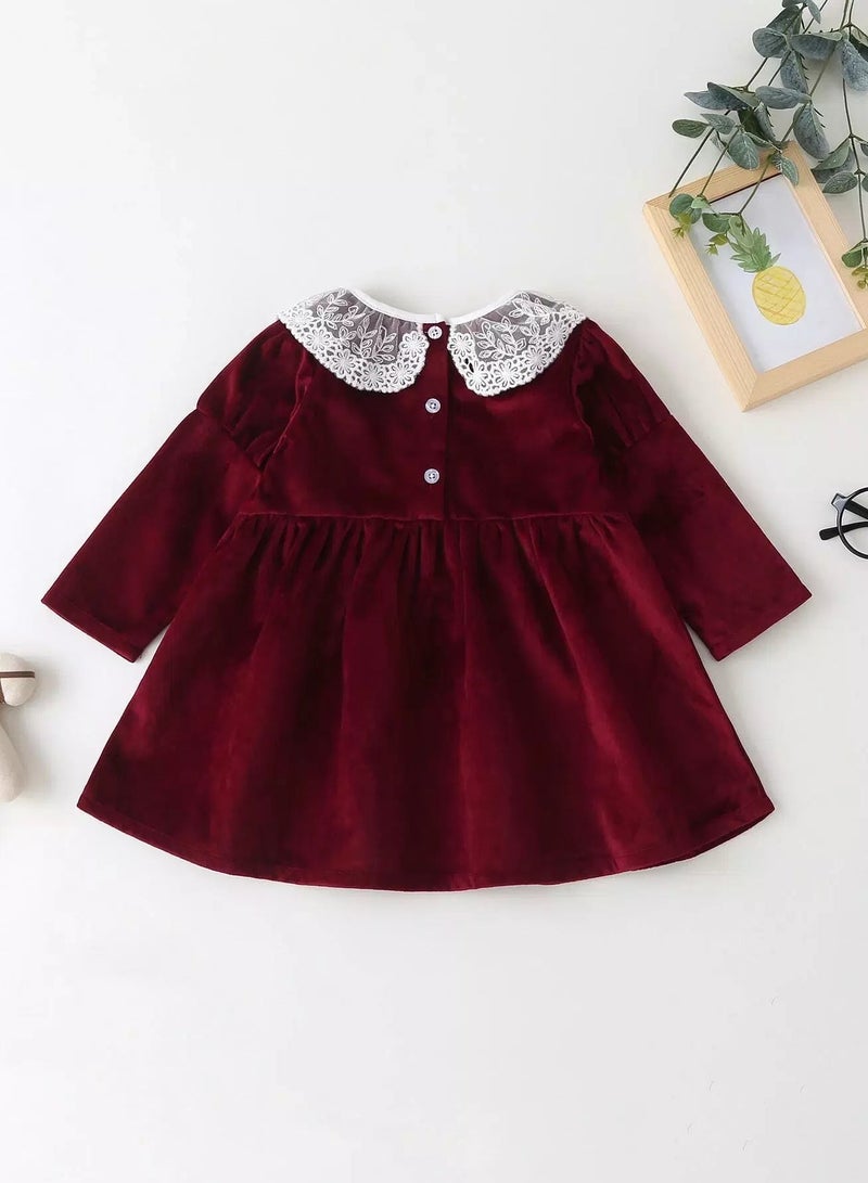 Baby Girl Contrast Lace Collar Velvet Smock Dress - Image 2