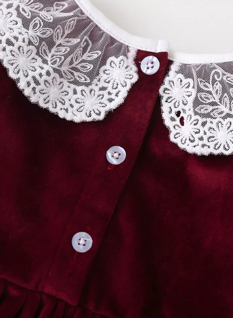 Baby Girl Contrast Lace Collar Velvet Smock Dress - Image 5