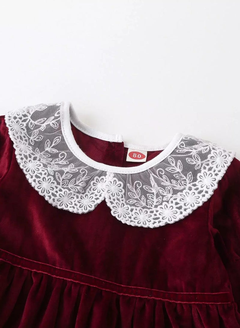 Baby Girl Contrast Lace Collar Velvet Smock Dress - Image 4