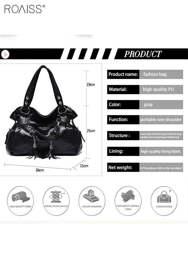 roaiss - Women's PU Tote Bag Fashion Soft Leather Tassel Bag Large Capacity Handbag Soft Leather Shoulder Bag - Image 1