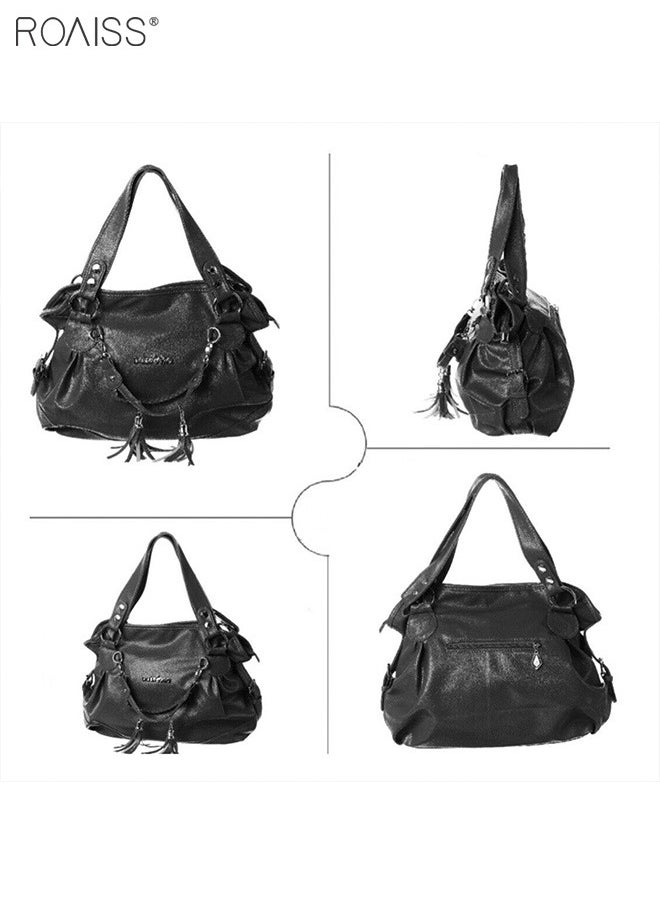 roaiss - Women's PU Tote Bag Fashion Soft Leather Tassel Bag Large Capacity Handbag Soft Leather Shoulder Bag - Image 1