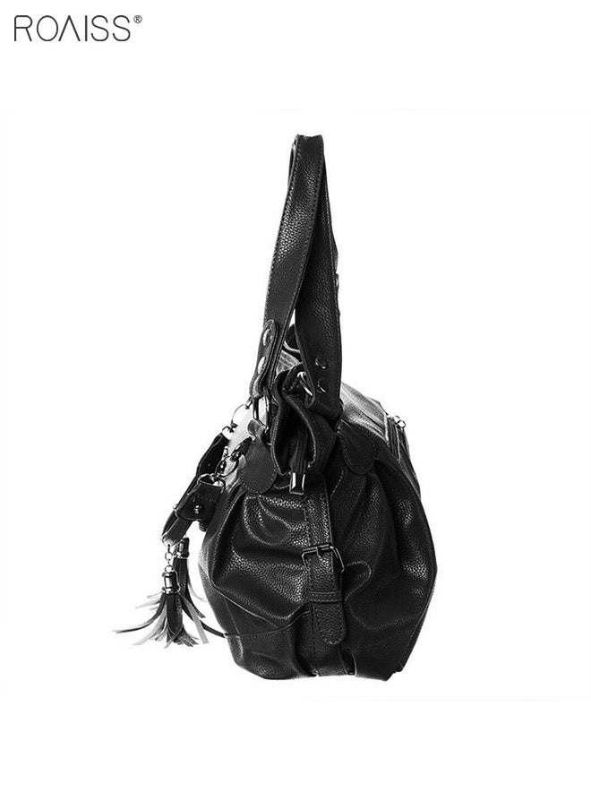 roaiss - Women's PU Tote Bag Fashion Soft Leather Tassel Bag Large Capacity Handbag Soft Leather Shoulder Bag - Image 1