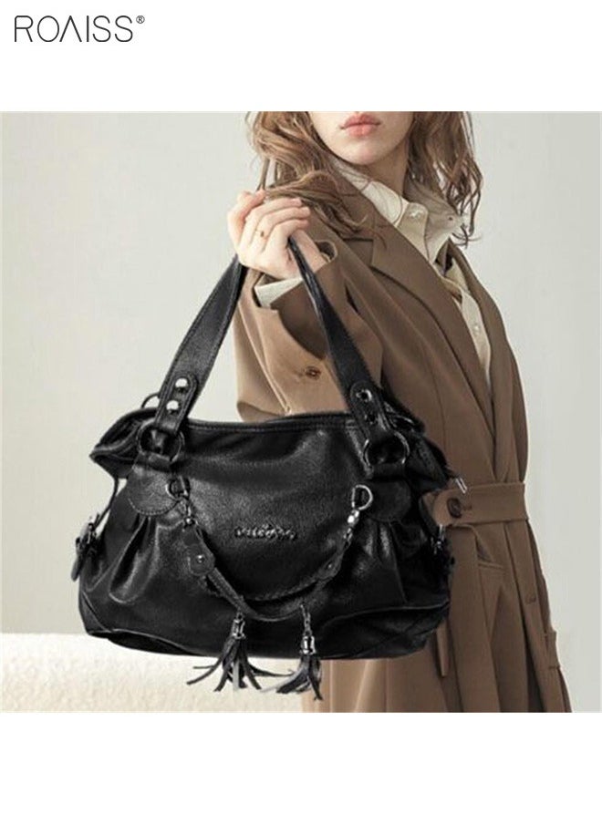 roaiss - Women's PU Tote Bag Fashion Soft Leather Tassel Bag Large Capacity Handbag Soft Leather Shoulder Bag - Image 1