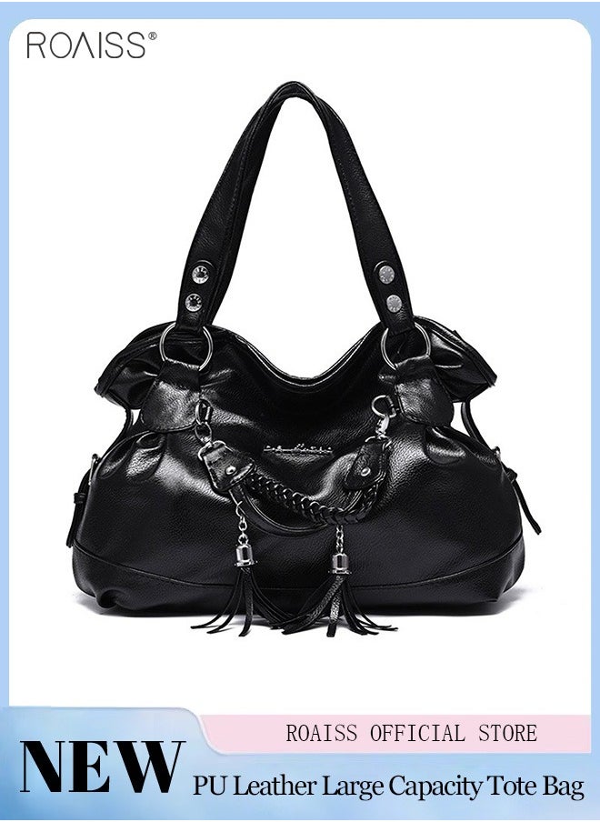 roaiss - Women's PU Tote Bag Fashion Soft Leather Tassel Bag Large Capacity Handbag Soft Leather Shoulder Bag - Image 1