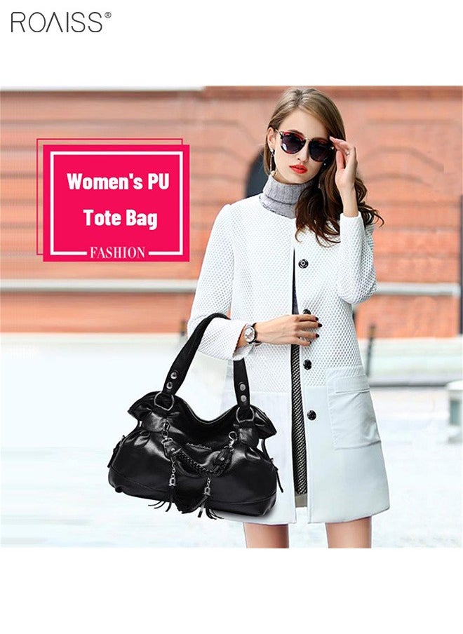 roaiss - Women's PU Tote Bag Fashion Soft Leather Tassel Bag Large Capacity Handbag Soft Leather Shoulder Bag - Image 1