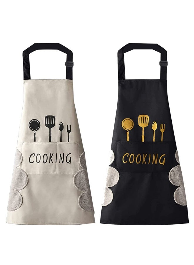 2 Pack Waterproof Kitchen Apron with Pockets – Adjustable Bib Aprons for Women & Men Chef, Oilproof & Hand-Wiping, Black and white , Size L - Image 1