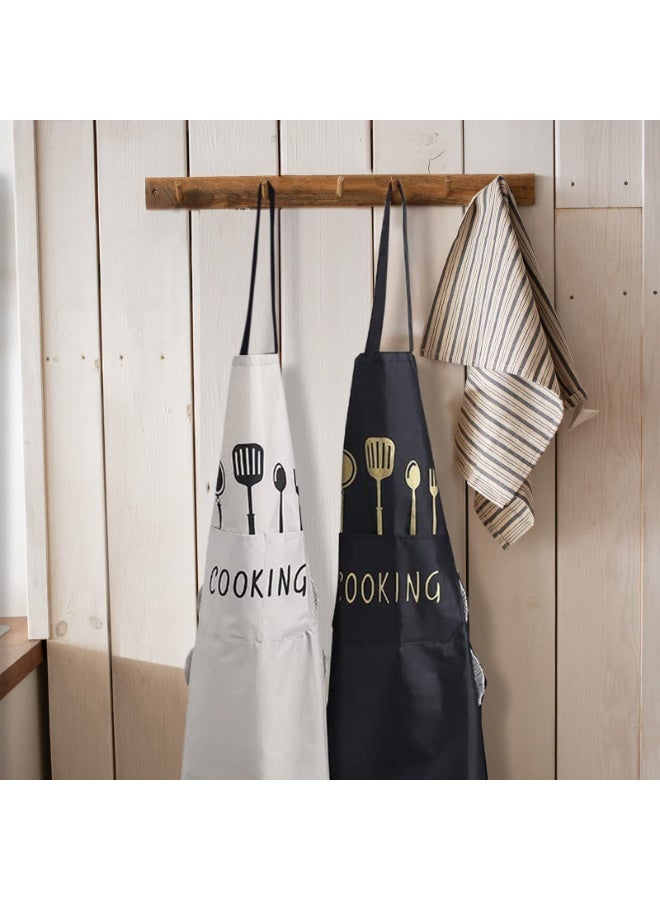 2 Pack Waterproof Kitchen Apron with Pockets – Adjustable Bib Aprons for Women & Men Chef, Oilproof & Hand-Wiping, Black and white , Size L - Image 2