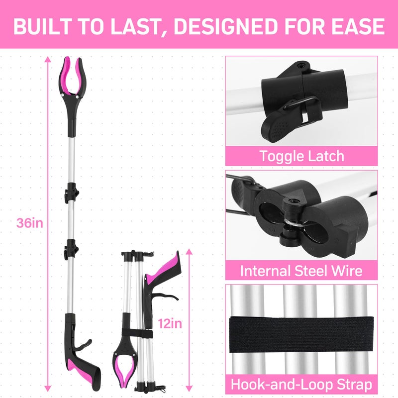 GrabRunner Grabber Reacher Tool for Seniors, 36" Foldable Reacher Grabbers Pickup Stick with Anti-Slip 360Â° Rotating Jaw, with Magnet for Disabled, After Surgery Recovery (Pink, 36Inch 1 Pack) - Image 4