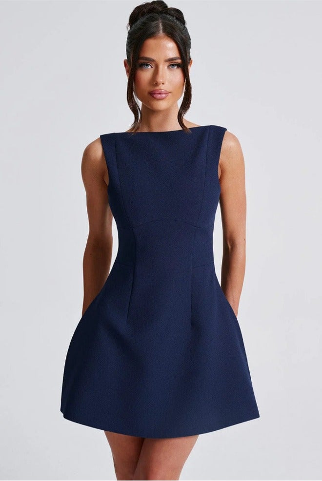 Women's Summer A-Line Dress with High Waist, Sleeveless, Sweet and Elegant, Fits Petite Figures, Solid Color, Backless Design