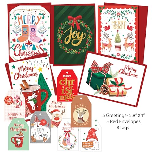 anujarusiya Christmas Greetings Set of 5| 8 Gift tags | digital print of joyous holiday illustrations| Made on270 GSM Imported Paper | Each card comes in a Red Envelope (Joy) - Image 5