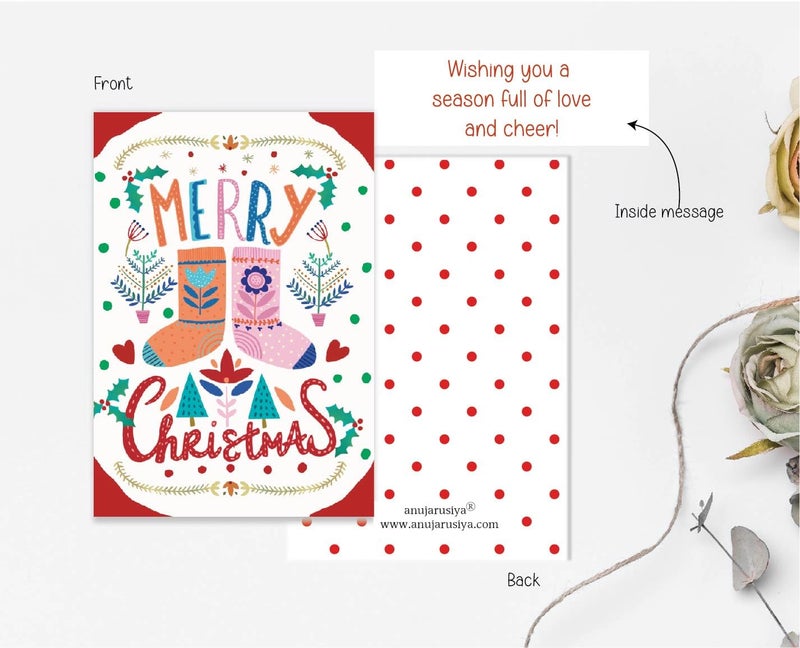 anujarusiya Christmas Greetings Set of 5| 8 Gift tags | digital print of joyous holiday illustrations| Made on270 GSM Imported Paper | Each card comes in a Red Envelope (Joy) - Image 4