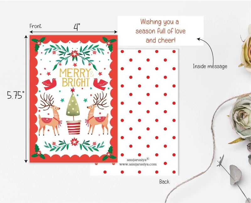 anujarusiya Christmas Greetings Set of 5| 8 Gift tags | digital print of joyous holiday illustrations| Made on270 GSM Imported Paper | Each card comes in a Red Envelope (Joy) - Image 2