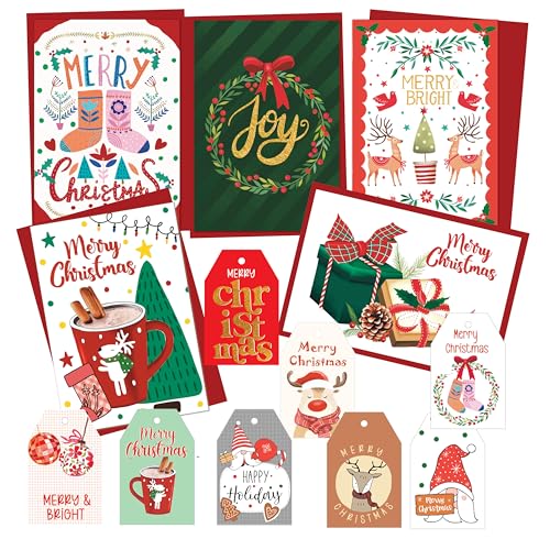 anujarusiya Christmas Greetings Set of 5| 8 Gift tags | digital print of joyous holiday illustrations| Made on270 GSM Imported Paper | Each card comes in a Red Envelope (Joy) - Image 1