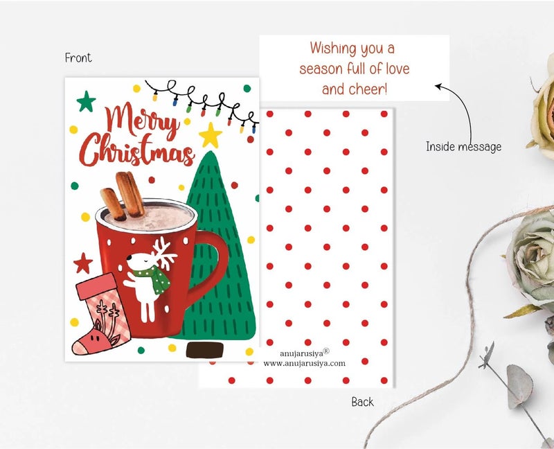 anujarusiya Christmas Greetings Set of 5| 8 Gift tags | digital print of joyous holiday illustrations| Made on270 GSM Imported Paper | Each card comes in a Red Envelope (Joy) - Image 3