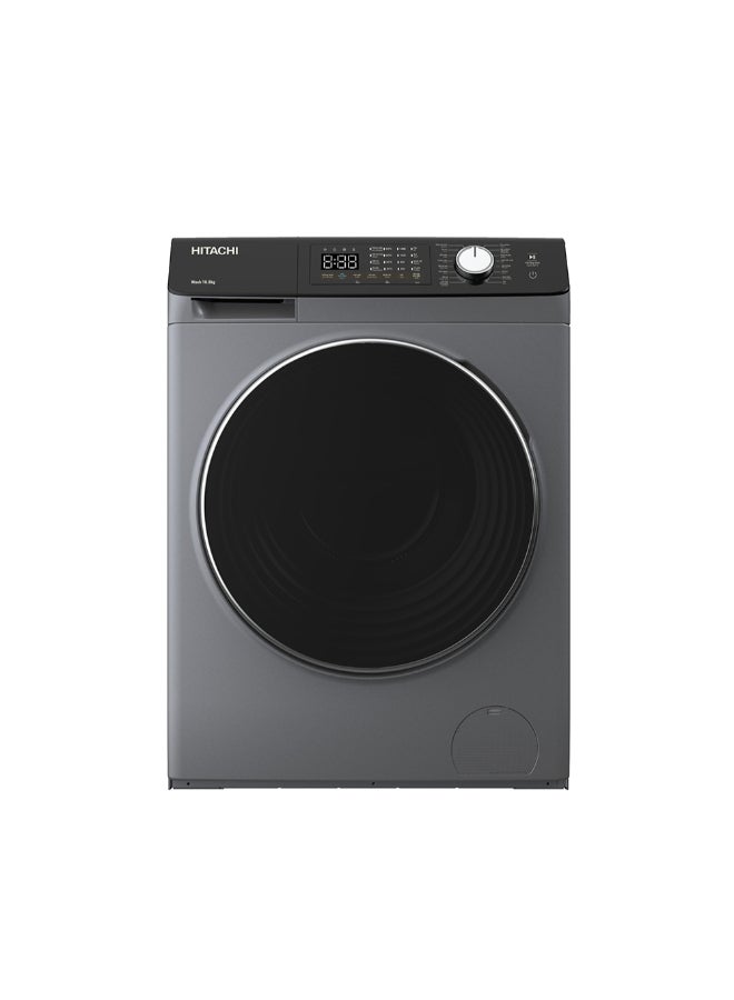 هيتاشي 10kg Front Load Washing Machine, 1200RPM, Steam Hygiene & Auto Self Clean, Inverter Motor 10-Year Warranty, 16 Programs, Tangle-Free, LED Display 10 kg BD-1054HVOS Dark Grey/Silver - Image 1