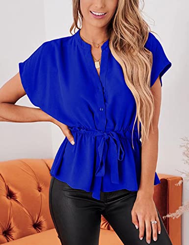 CiCiBird Womens Button Down Blouses Casual Peplum Summer Tops Dressy Chiffon Work Blouse Sapphire Blue - Image 3