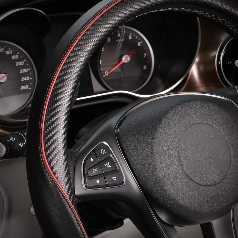 SEG Direct Car Steering Wheel Cover Universal Standard-Size 37-39cm Leather with Carbon Fiber Pattern Black and Red - Image 3