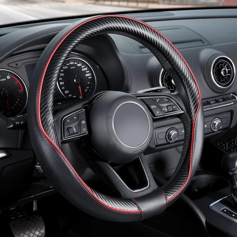 SEG Direct Car Steering Wheel Cover Universal Standard-Size 37-39cm Leather with Carbon Fiber Pattern Black and Red - Image 1