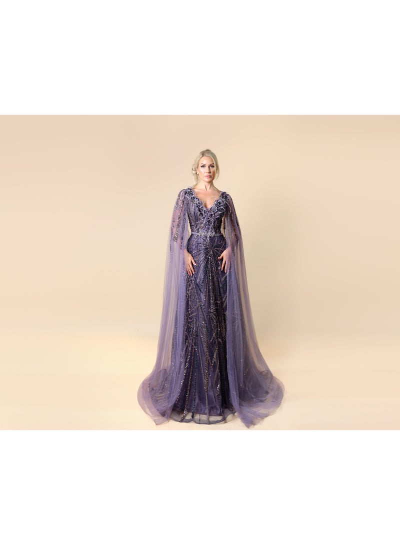 FAIZ COUTURE Elegant Evening Gown with Sequins and Sheer Cape - Image 5