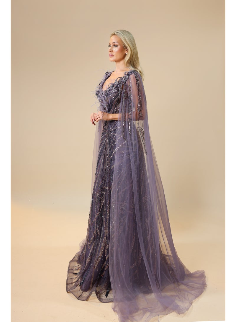 FAIZ COUTURE Elegant Evening Gown with Sequins and Sheer Cape - Image 3