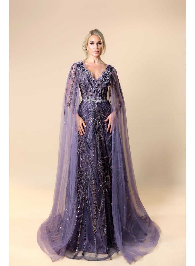 FAIZ COUTURE Elegant Evening Gown with Sequins and Sheer Cape - Image 1