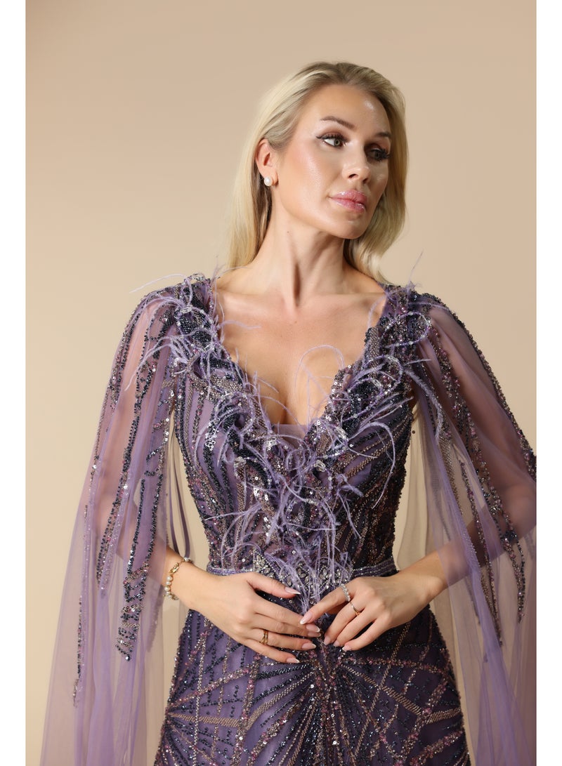 FAIZ COUTURE Elegant Evening Gown with Sequins and Sheer Cape - Image 2