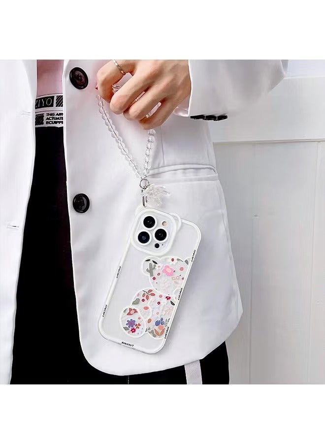 Compatible with iPhone 15 Pro Max Case, Cute Flowers Bear Camera Protector Clear Case Cover with Lovely Strap Bracelet Chain Girls Women Case for iPhone 15 Pro Max - Image 4