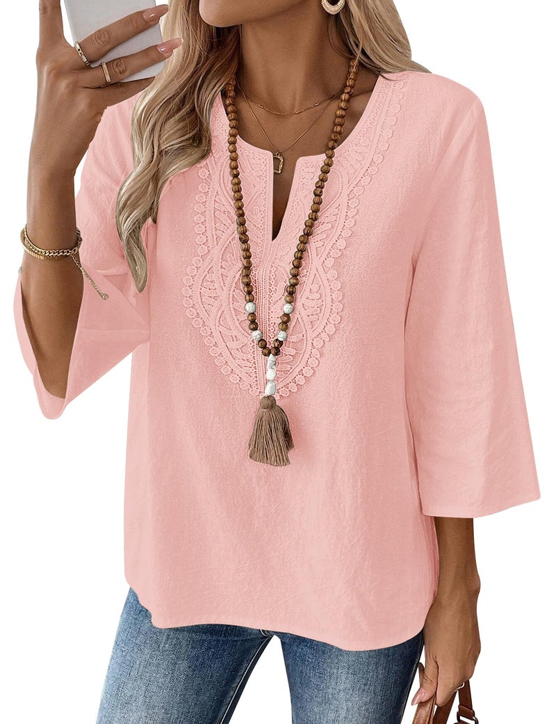 LOMON Womens Blouses Dressy Casual 3/4 Sleeve Tops for Women V Neck Cotton Linen Shirts Ladies Lace Work Tunics(Pink,2XL) - Image 1