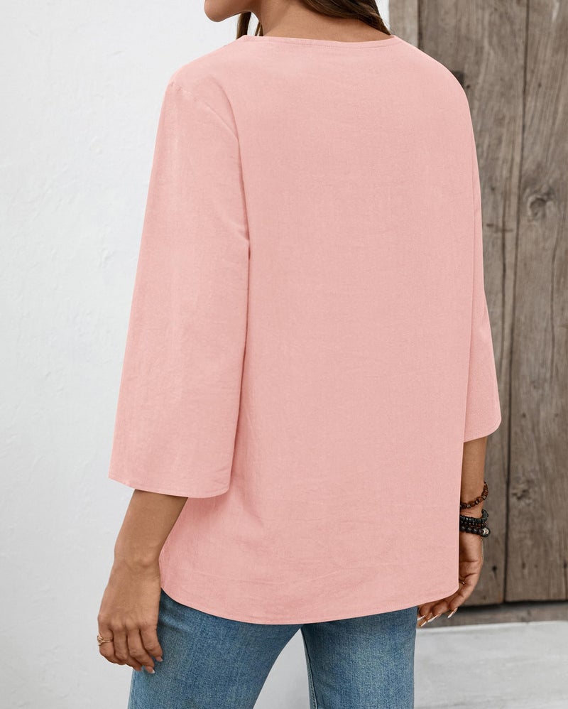 LOMON Womens Blouses Dressy Casual 3/4 Sleeve Tops for Women V Neck Cotton Linen Shirts Ladies Lace Work Tunics(Pink,2XL) - Image 4