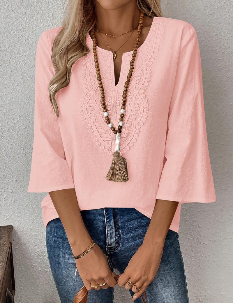 LOMON Womens Blouses Dressy Casual 3/4 Sleeve Tops for Women V Neck Cotton Linen Shirts Ladies Lace Work Tunics(Pink,2XL) - Image 2