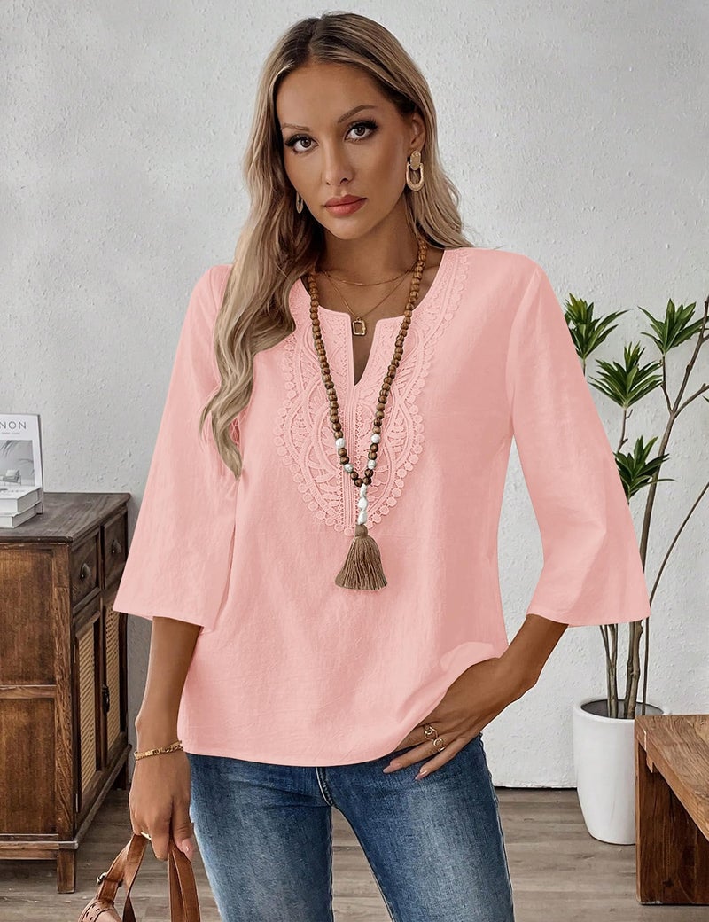 LOMON Womens Blouses Dressy Casual 3/4 Sleeve Tops for Women V Neck Cotton Linen Shirts Ladies Lace Work Tunics(Pink,2XL) - Image 3