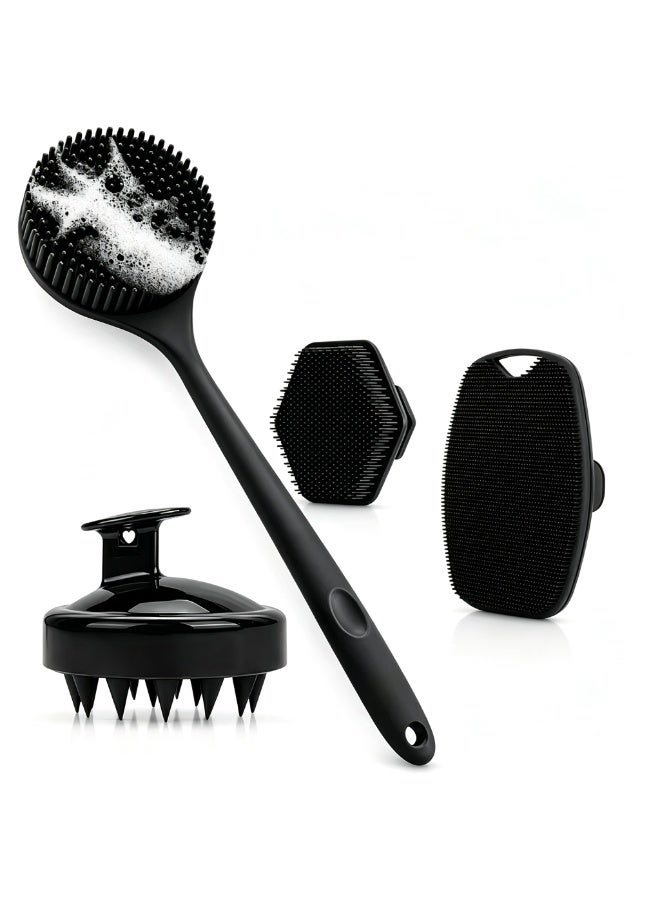 4 Pcs Silicone Shower Brush Set, Long Non Slip Handle Body Scrubber for Back Face Scalp Massage, Soft Silicone Bristles Exfoliating Dead Skin, Multipurpose Deep Cleansing Bathroom Body Care Kit - Image 1