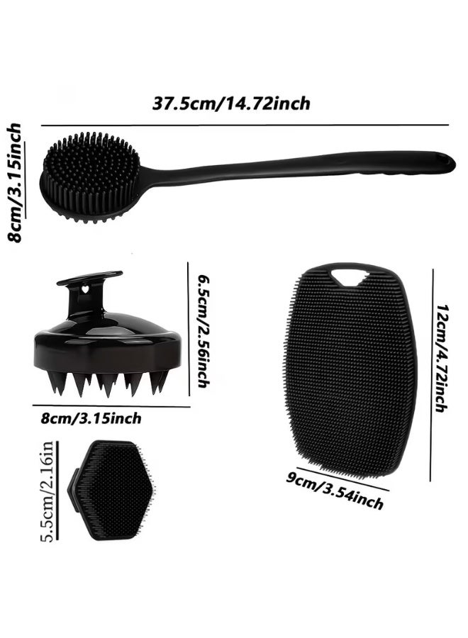 4 Pcs Silicone Shower Brush Set, Long Non Slip Handle Body Scrubber for Back Face Scalp Massage, Soft Silicone Bristles Exfoliating Dead Skin, Multipurpose Deep Cleansing Bathroom Body Care Kit - Image 2