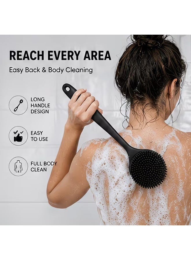 4 Pcs Silicone Shower Brush Set, Long Non Slip Handle Body Scrubber for Back Face Scalp Massage, Soft Silicone Bristles Exfoliating Dead Skin, Multipurpose Deep Cleansing Bathroom Body Care Kit - Image 4