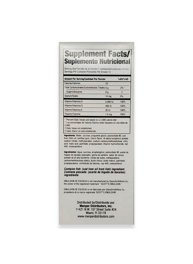 Menper Emulsion de Escocia Cod Liver Oil Dietary Supplement. Rich in Vitamins A, D, E and B1. Cherry Flavoured. 6.5 Fl Oz / 192 mL. Pack of 3 - Image 3