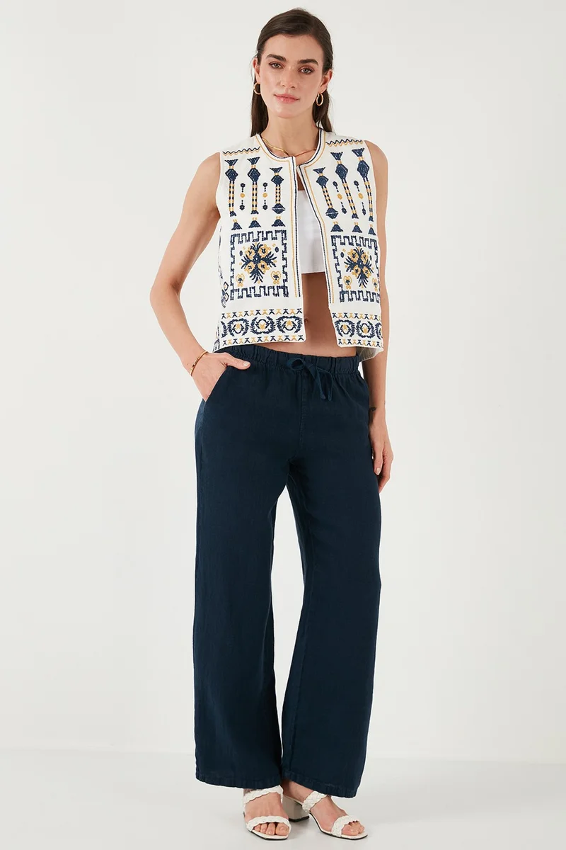 Lela Relaxed Fit Normal Waist Wide Leg Double Pocket Linen Trousers Women's Trousers 668yp4991