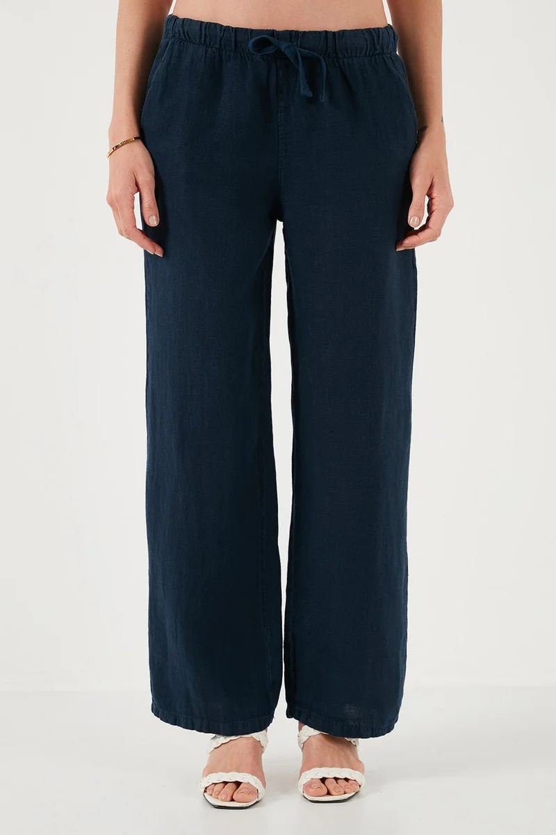 Lela Relaxed Fit Normal Waist Wide Leg Double Pocket Linen Trousers Women's Trousers 668yp4991